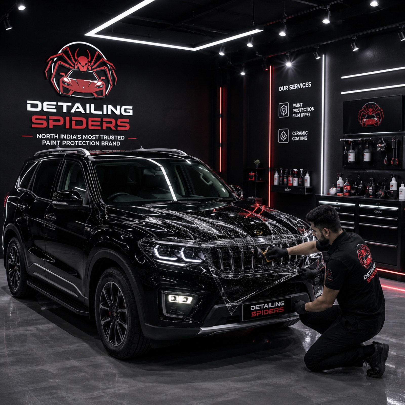 Technician installing Paint Protection Film on a luxury car at Detailing Spiders