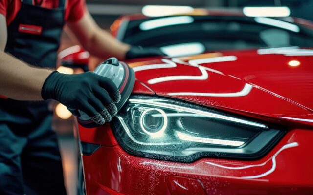 Professional detailing a car in car studio vehicle adult hand.